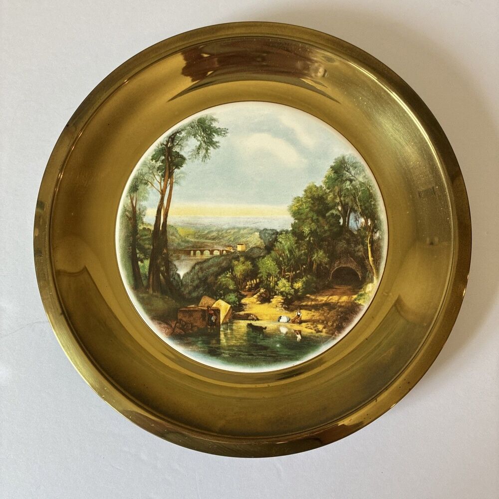 Vintage English Brass Plates With Picture On Porcelain Tile, Traditional Cottage
